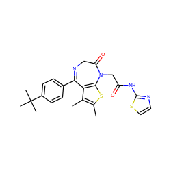 Cc1sc2c(c1C)C(c1ccc(C(C)(C)C)cc1)=NCC(=O)N2CC(=O)Nc1nccs1 ZINC000008829174