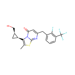 Cc1sc2nc(Cc3cccc(C(F)(F)F)c3F)cc(=O)n2c1[C@H]1C[C@H]1CO ZINC000653847607