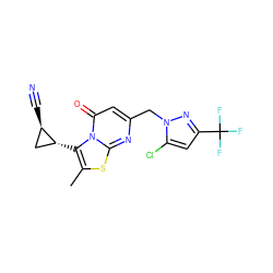 Cc1sc2nc(Cn3nc(C(F)(F)F)cc3Cl)cc(=O)n2c1[C@@H]1C[C@H]1C#N ZINC000653842866