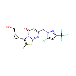 Cc1sc2nc(Cn3nc(C(F)(F)F)cc3Cl)cc(=O)n2c1[C@@H]1C[C@H]1CO ZINC000653842812