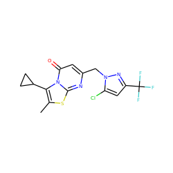 Cc1sc2nc(Cn3nc(C(F)(F)F)cc3Cl)cc(=O)n2c1C1CC1 ZINC001772655926