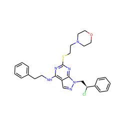 Cl[C@@H](Cn1ncc2c(NCCc3ccccc3)nc(SCCN3CCOCC3)nc21)c1ccccc1 ZINC000071317154