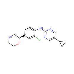 Clc1cc([C@@H]2CNCCO2)ccc1Nc1ncc(C2CC2)cn1 ZINC000149952986