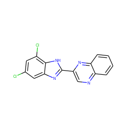 Clc1cc(Cl)c2[nH]c(-c3cnc4ccccc4n3)nc2c1 ZINC000013678124