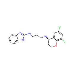 Clc1cc(Cl)c2c(c1)[C@H](NCCCNc1nc3ccccc3[nH]1)CCO2 ZINC000045228446