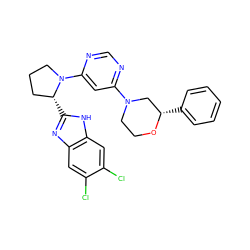 Clc1cc2nc([C@@H]3CCCN3c3cc(N4CCO[C@@H](c5ccccc5)C4)ncn3)[nH]c2cc1Cl ZINC000082157346