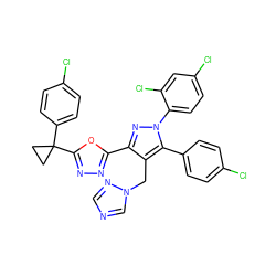 Clc1ccc(-c2c(Cn3cncn3)c(-c3nnc(C4(c5ccc(Cl)cc5)CC4)o3)nn2-c2ccc(Cl)cc2Cl)cc1 ZINC000049898272