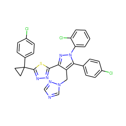 Clc1ccc(-c2c(Cn3cncn3)c(-c3nnc(C4(c5ccc(Cl)cc5)CC4)s3)nn2-c2ccccc2Cl)cc1 ZINC000058591870