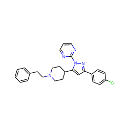 Clc1ccc(-c2cc(C3CCN(CCc4ccccc4)CC3)n(-c3ncccn3)n2)cc1 ZINC000072318220