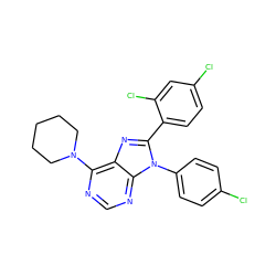 Clc1ccc(-n2c(-c3ccc(Cl)cc3Cl)nc3c(N4CCCCC4)ncnc32)cc1 ZINC000040973206