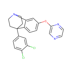 Clc1ccc(C23CCN(CC2)Cc2cc(Oc4cnccn4)ccc23)cc1Cl ZINC000114346598