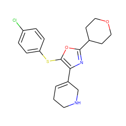 Clc1ccc(Sc2oc(C3CCOCC3)nc2C2=CCCNC2)cc1 ZINC000147104532