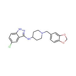 Clc1ccc2[nH]nc(NC3CCN(Cc4ccc5c(c4)OCO5)CC3)c2c1 ZINC000013685219