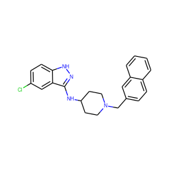 Clc1ccc2[nH]nc(NC3CCN(Cc4ccc5ccccc5c4)CC3)c2c1 ZINC000028529670