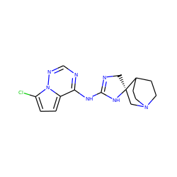 Clc1ccc2c(NC3=NC[C@]4(CN5CCC4CC5)N3)ncnn12 ZINC000210857163