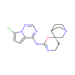 Clc1ccc2c(NC3=NCC[C@]4(CN5CCC4CC5)O3)ncnn12 ZINC000210878670