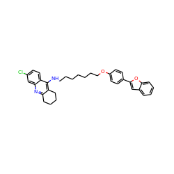 Clc1ccc2c(NCCCCCCCOc3ccc(-c4cc5ccccc5o4)cc3)c3c(nc2c1)CCCC3 ZINC000072113620