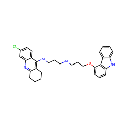 Clc1ccc2c(NCCCNCCCOc3cccc4[nH]c5ccccc5c34)c3c(nc2c1)CCCC3 ZINC000040408760