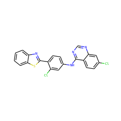 Clc1ccc2c(Nc3ccc(-c4nc5ccccc5s4)c(Cl)c3)ncnc2c1 ZINC000040402210