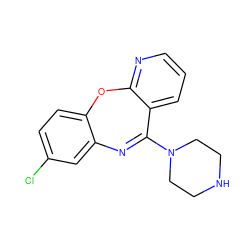 Clc1ccc2c(c1)N=C(N1CCNCC1)c1cccnc1O2 ZINC000084635975