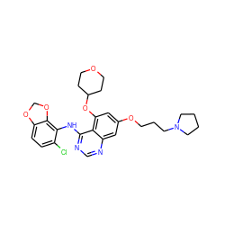 Clc1ccc2c(c1Nc1ncnc3cc(OCCCN4CCCC4)cc(OC4CCOCC4)c13)OCO2 ZINC000014949425