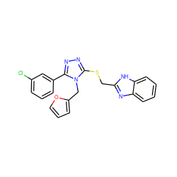 Clc1cccc(-c2nnc(SCc3nc4ccccc4[nH]3)n2Cc2ccco2)c1 ZINC000002350132