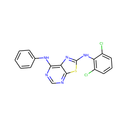 Clc1cccc(Cl)c1Nc1nc2c(Nc3ccccc3)ncnc2s1 ZINC000040879981