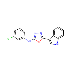 Clc1cccc(Nc2nnc(-c3c[nH]c4ccccc34)o2)c1 ZINC001772630770