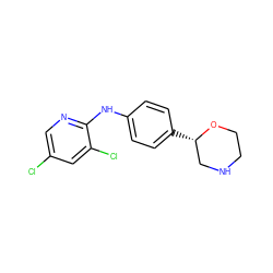 Clc1cnc(Nc2ccc([C@H]3CNCCO3)cc2)c(Cl)c1 ZINC000149995282