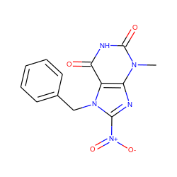 Cn1c(=O)[nH]c(=O)c2c1nc([N+](=O)[O-])n2Cc1ccccc1 ZINC000000492673