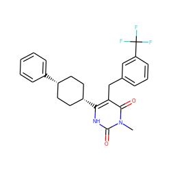 Cn1c(=O)[nH]c([C@H]2CC[C@@H](c3ccccc3)CC2)c(Cc2cccc(C(F)(F)F)c2)c1=O ZINC000254132497