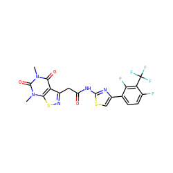 Cn1c(=O)c2c(CC(=O)Nc3nc(-c4ccc(F)c(C(F)(F)F)c4F)cs3)nsc2n(C)c1=O ZINC000116860596