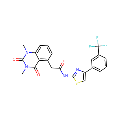 Cn1c(=O)c2c(CC(=O)Nc3nc(-c4cccc(C(F)(F)F)c4)cs3)cccc2n(C)c1=O ZINC000117150185