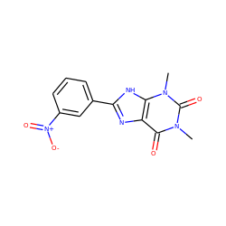 Cn1c(=O)c2nc(-c3cccc([N+](=O)[O-])c3)[nH]c2n(C)c1=O ZINC000100683294