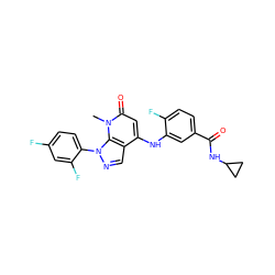 Cn1c(=O)cc(Nc2cc(C(=O)NC3CC3)ccc2F)c2cnn(-c3ccc(F)cc3F)c21 ZINC000043122013