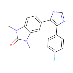 Cn1c(=O)n(C)c2cc(-c3[nH]cnc3-c3ccc(F)cc3)ccc21 ZINC000014958450