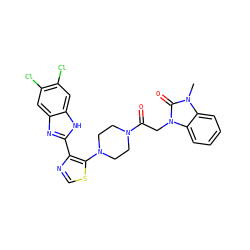 Cn1c(=O)n(CC(=O)N2CCN(c3scnc3-c3nc4cc(Cl)c(Cl)cc4[nH]3)CC2)c2ccccc21 ZINC000143695300