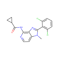 Cn1c(-c2c(Cl)cccc2Cl)nc2c(NC(=O)C3CC3)nccc21 ZINC000118749735