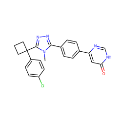 Cn1c(-c2ccc(-c3cc(=O)[nH]cn3)cc2)nnc1C1(c2ccc(Cl)cc2)CCC1 ZINC000071296411