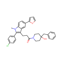 Cn1c(-c2ccc(Cl)cc2)c(CCC(=O)N2CCC(O)(Cc3ccccc3)CC2)c2cc(-c3ccco3)ccc21 ZINC000028240662