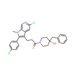 Cn1c(-c2ccc(Cl)cc2)c(CCC(=O)N2CCC(O)(Cc3ccccc3)CC2)c2cc(Cl)ncc21 ZINC000028238471