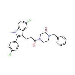 Cn1c(-c2ccc(Cl)cc2)c(CCC(=O)N2CCN(Cc3ccccc3)C(=O)C2)c2cc(Cl)ccc21 ZINC000026829357