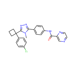 Cn1c(-c2ccc(NC(=O)c3cnccn3)cc2)nnc1C1(c2ccc(Cl)cc2)CCC1 ZINC000071329550