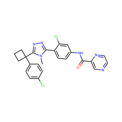 Cn1c(-c2ccc(NC(=O)c3cnccn3)cc2Cl)nnc1C1(c2ccc(Cl)cc2)CCC1 ZINC000071316317