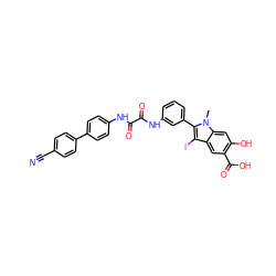 Cn1c(-c2cccc(NC(=O)C(=O)Nc3ccc(-c4ccc(C#N)cc4)cc3)c2)c(I)c2cc(C(=O)O)c(O)cc21 ZINC000220895742