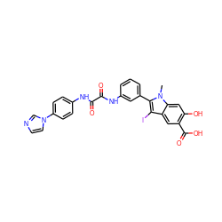 Cn1c(-c2cccc(NC(=O)C(=O)Nc3ccc(-n4ccnc4)cc3)c2)c(I)c2cc(C(=O)O)c(O)cc21 ZINC000221053982