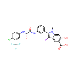 Cn1c(-c2cccc(NC(=O)C(=O)Nc3ccc(Cl)c(C(F)(F)F)c3)c2)c(I)c2cc(C(=O)O)c(O)cc21 ZINC000221054072