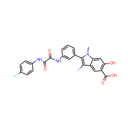 Cn1c(-c2cccc(NC(=O)C(=O)Nc3ccc(F)cc3)c2)c(I)c2cc(C(=O)O)c(O)cc21 ZINC000221065482