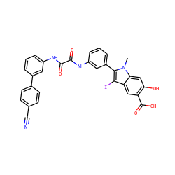 Cn1c(-c2cccc(NC(=O)C(=O)Nc3cccc(-c4ccc(C#N)cc4)c3)c2)c(I)c2cc(C(=O)O)c(O)cc21 ZINC000220907327