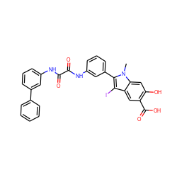 Cn1c(-c2cccc(NC(=O)C(=O)Nc3cccc(-c4ccccc4)c3)c2)c(I)c2cc(C(=O)O)c(O)cc21 ZINC000221042554